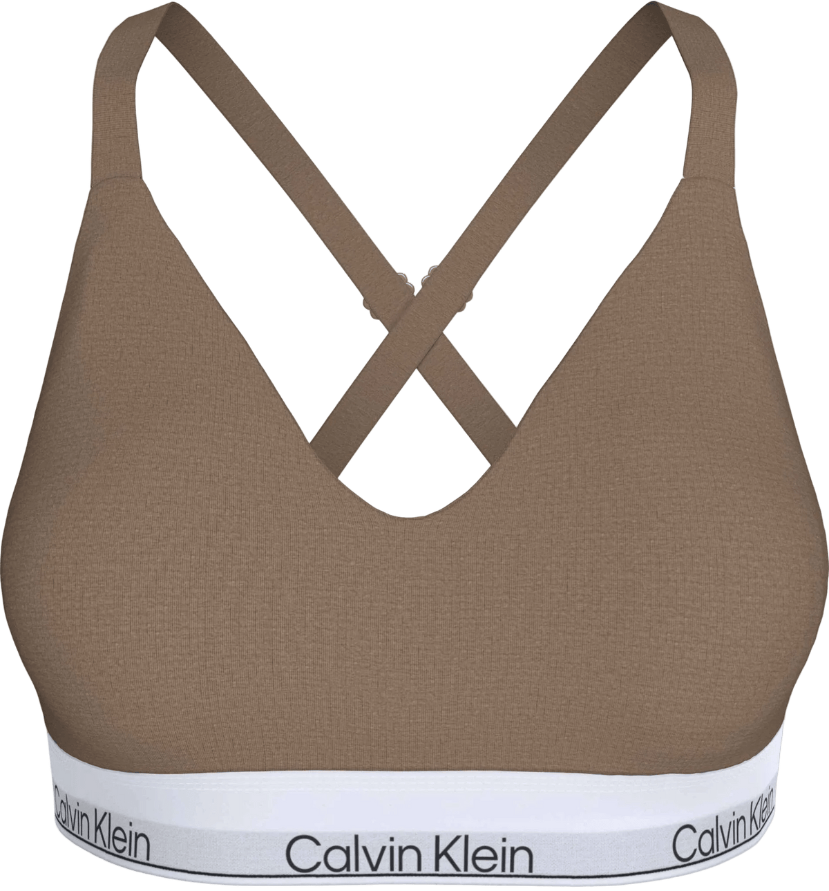 Lysebrun 156313 | Calvin Klein – QPS Lysebrun bralette med V-udskæring, krydsede stropper på ryggen og hvidt mærkebånd.
