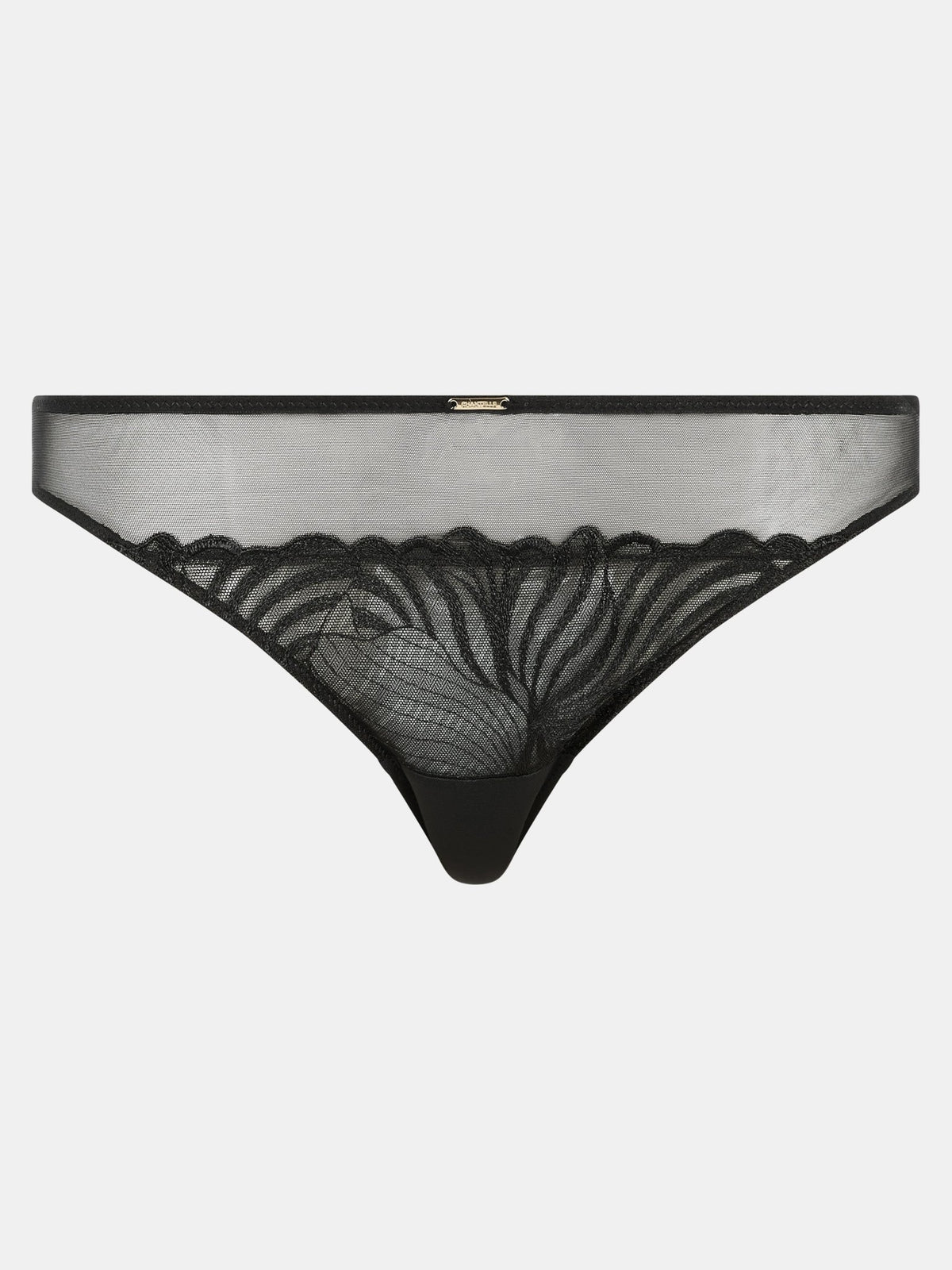 Chantelle Legend Black Sort trusse med gennemsigtigt net og bølget broderi, vist på en ensfarvet hvid baggrund.