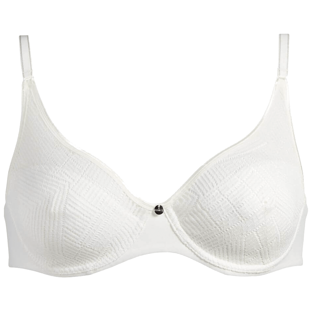 Chantelle EasyFeel Emma Milk: Off-white bh med fuld skål, geometriske mønstre, justerbare stropper og elegant metal-detalje.