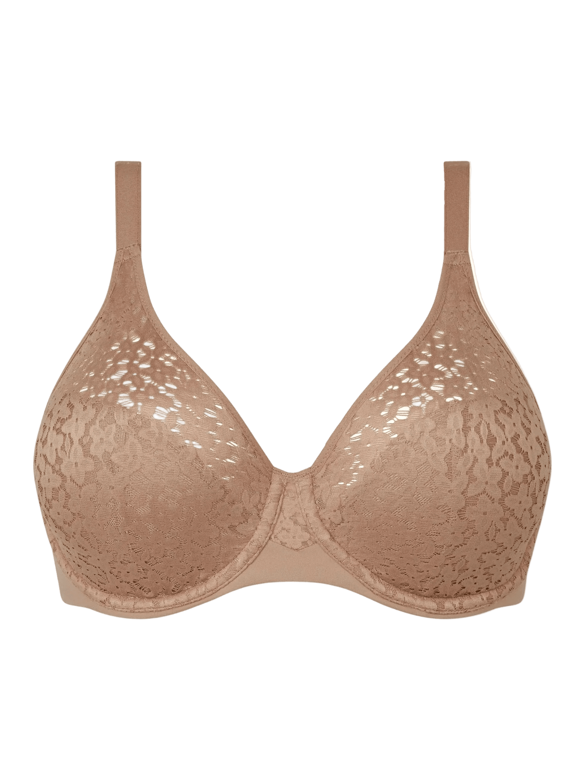 Chantelle EasyFeel Norah Coffee Latte-bh med bøjle, blonder, fuld dækning og justerbare stropper på hvid baggrund.