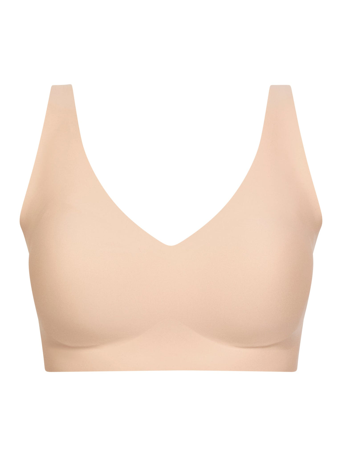 Chantelle Seamless – Soft Stretch Power Pudder-bh i beige med brede stropper og V-udskæring på hvid baggrund.
