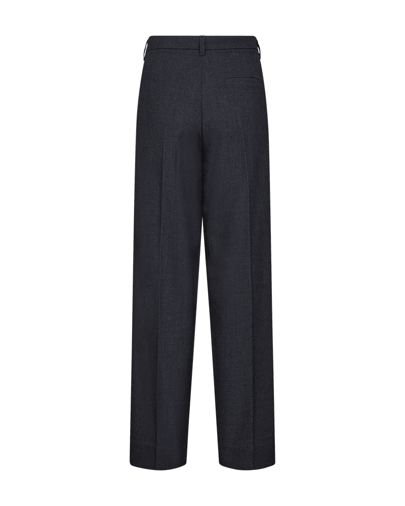 Bagfra-billede af Copenhagen Muse Tailor Grå damebukser med bæltestropper og baglomme, vist på hvid baggrund.