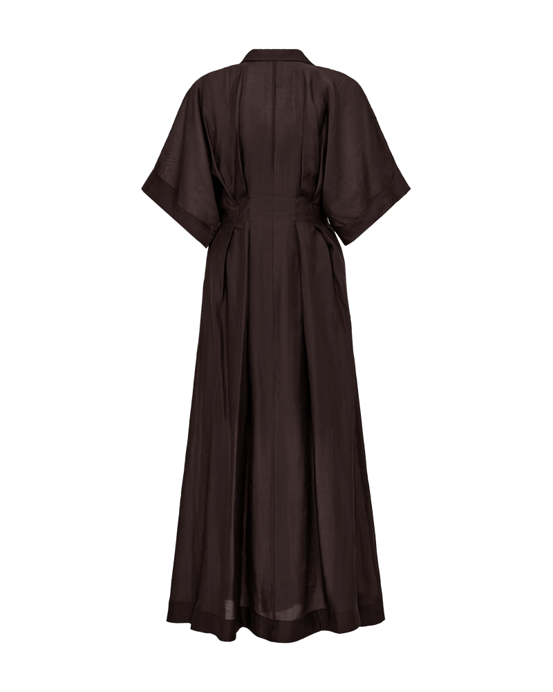 Copenhagen Muse 154760 Molly Mørkebrun: sort langærmet kjole med bælte, set bagfra på hvid baggrund.
