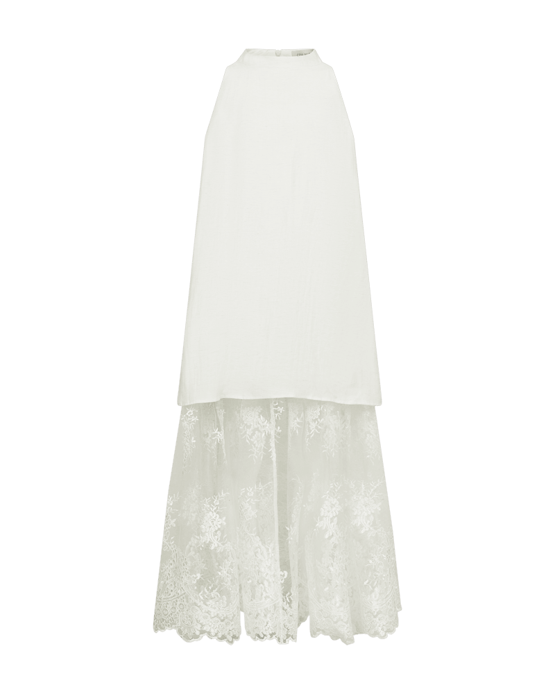 Copenhagen Muse Tenley 154866: Off-white ærmeløs kjole med ensfarvet overdel, gennemsigtig blonderkjole og broderede detaljer.