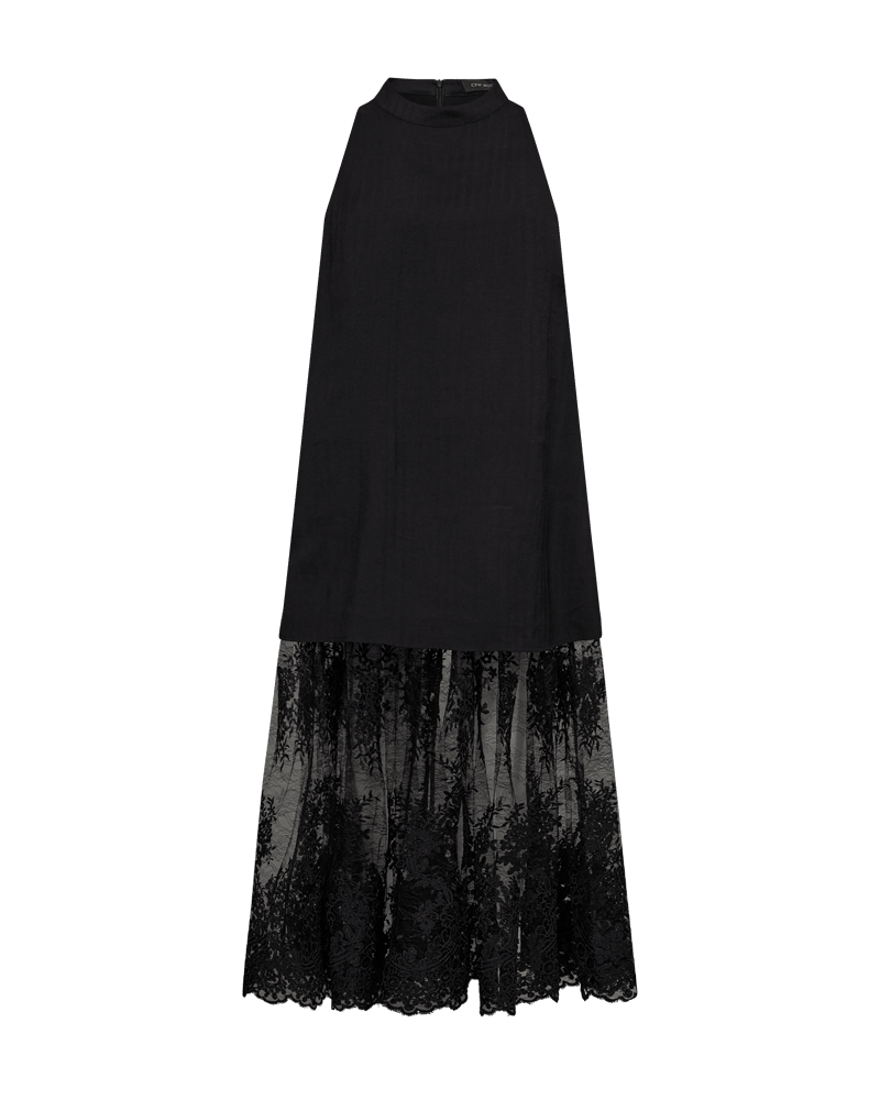 Copenhagen Muse – Tenley Sort: Elegant kjole med høj hals og blondekant, perfekt til sommerens sofistikerede look.
