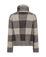 MOS MOSH Maija Sort grå/beige ternet striktrøje set bagfra med høj krave og ribkant forneden.