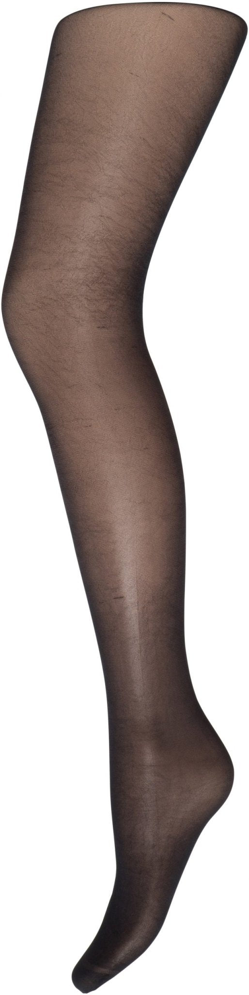 Decoy 20 Den Silk Look Sort strømpebukser vises på et mannequinben foran en hvid baggrund.