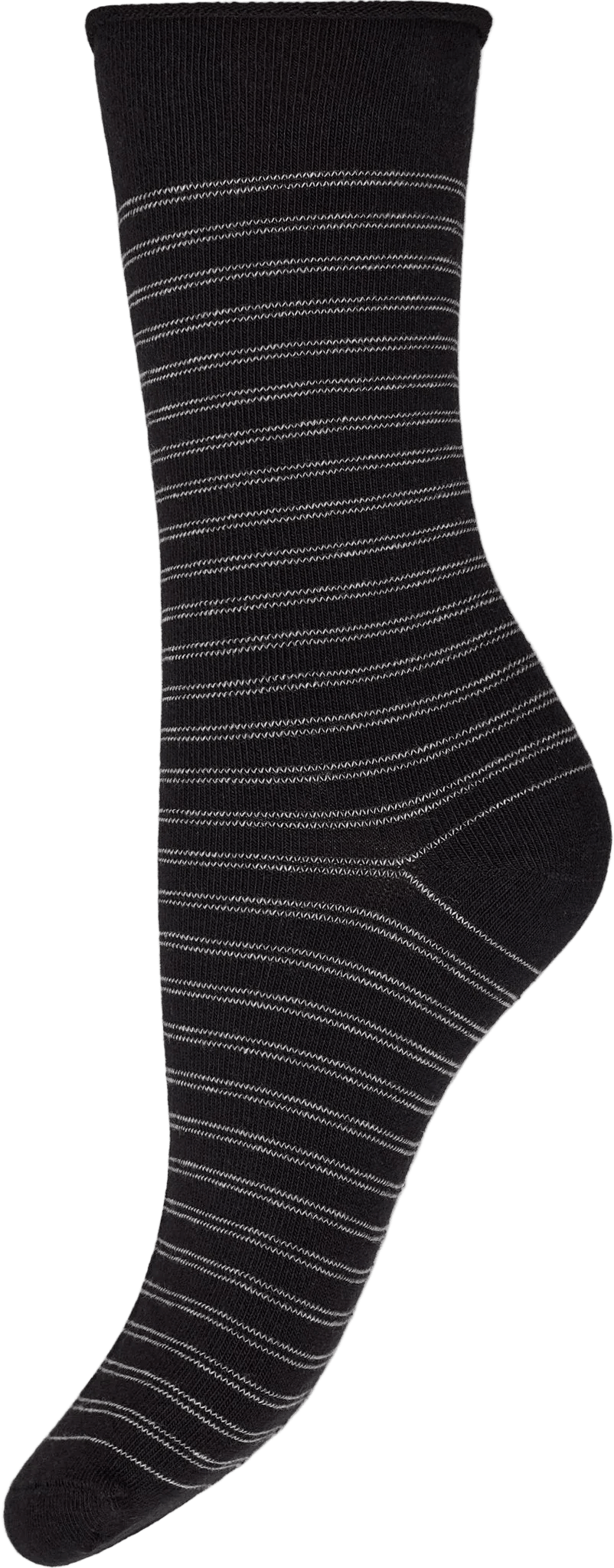 Decoy 155929 Ankel Sock: sorte bomuldssokker med tynde hvide striber, set fra siden på en ensfarvet hvid baggrund.