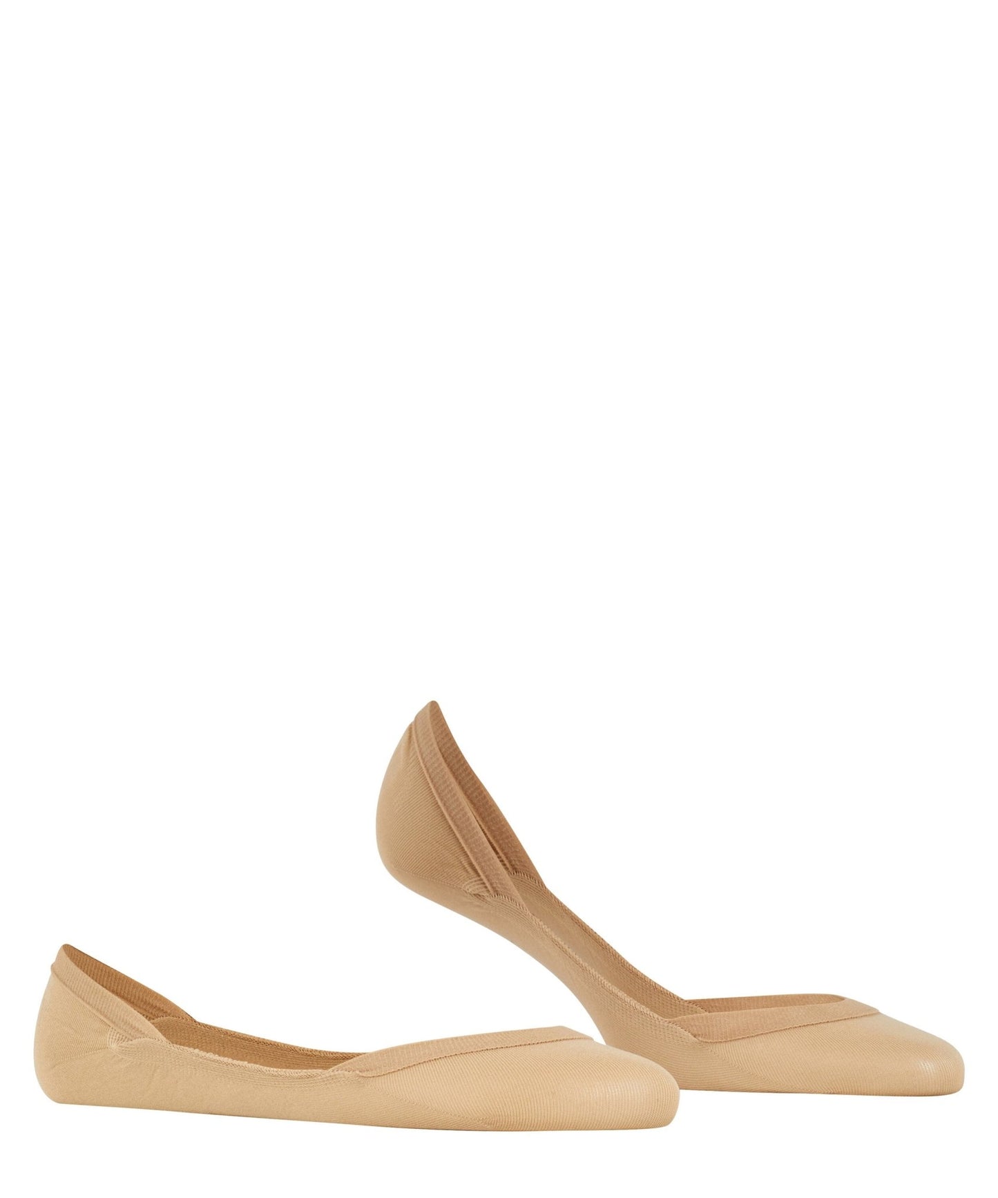 Et par Falke ELEGANT STEP Crystal-sokker i beige, vist på en hvid baggrund – den ene liggende, den anden stående.