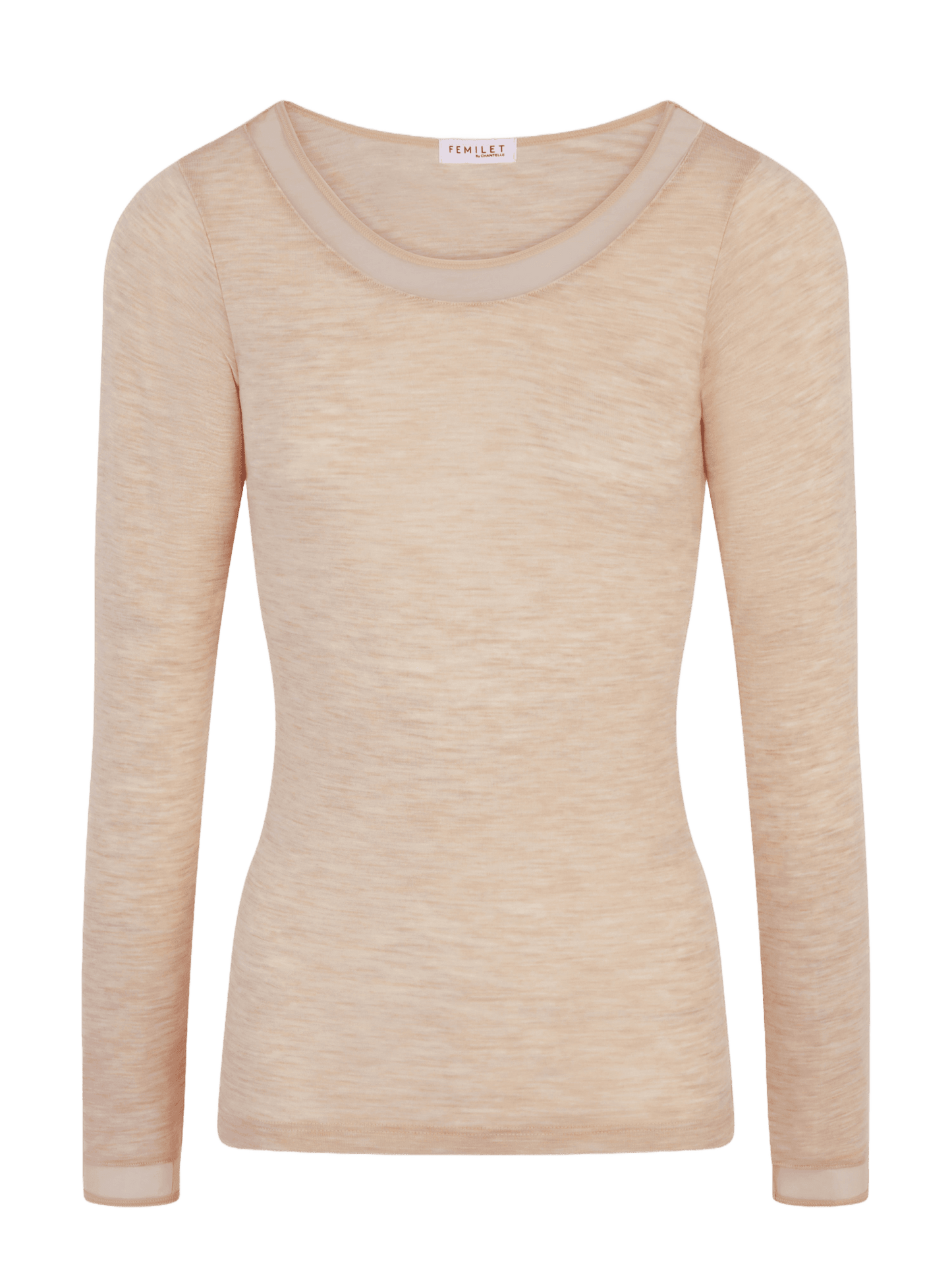 Beige uldbluse med lange ærmer med meshkant