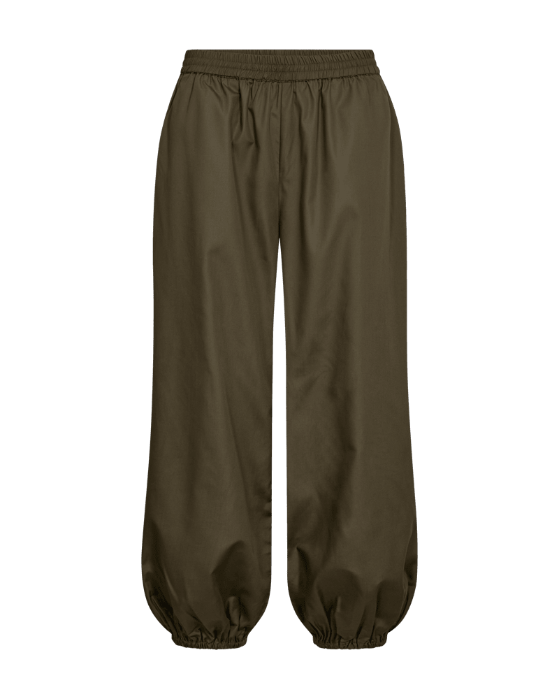 Freequent 155069 Breeze olivenfarvede bukser med elastisk talje, brede ben og elastiske bukseben.
