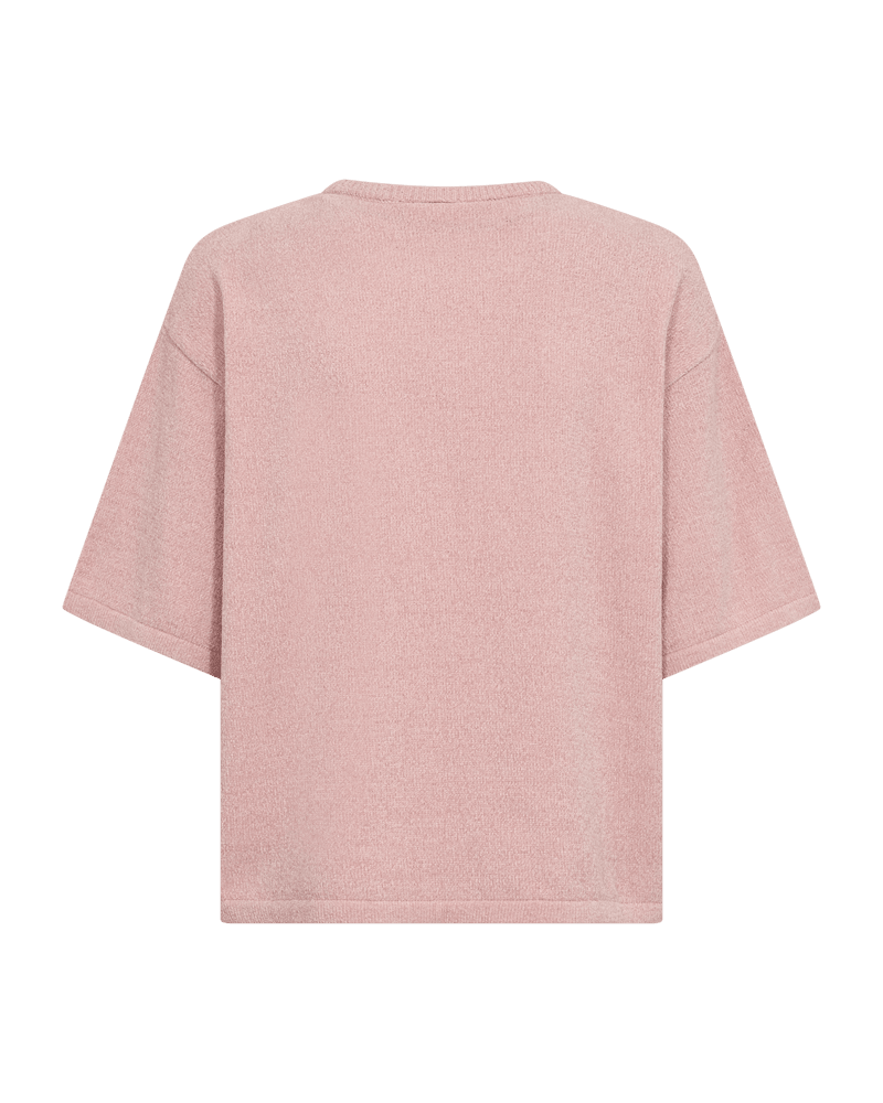 Bagsiden af Freequent Tempo Rosa: T-shirt med løs pasform, korte ærmer og lyserød farve, vist på en ensfarvet hvid baggrund.