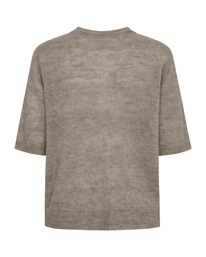 Bagfra-billede af Freequent DIDO Brunmeleret kortærmet cardigan i løs pasform i beige strik på en ensfarvet hvid baggrund.