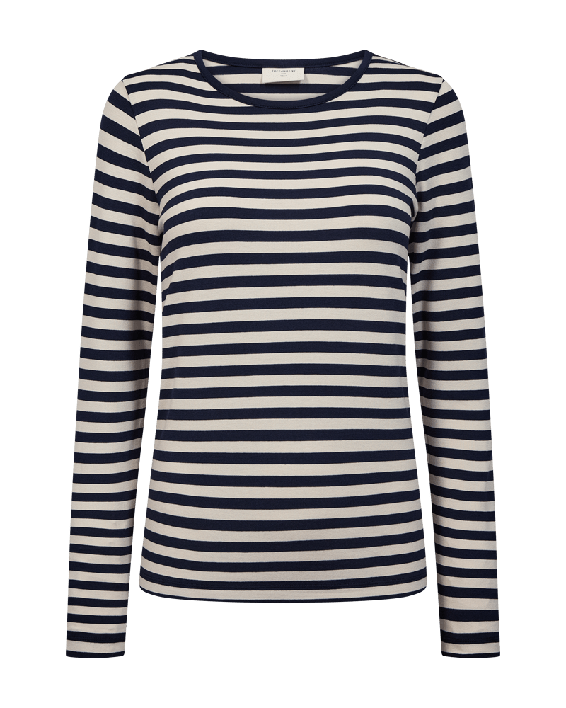 Freequent 155813 Liana mørkeblå bluse, stribet, langærmet, rund hals, normal pasform – i marineblå og hvid.