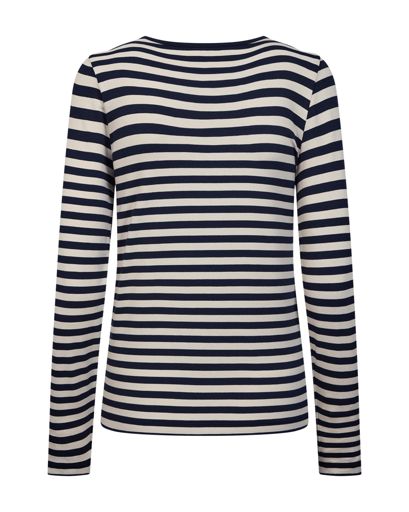 Langærmet stribet T-shirt fra Freequent Liana i mørkeblå/creme med klassisk rund hals.