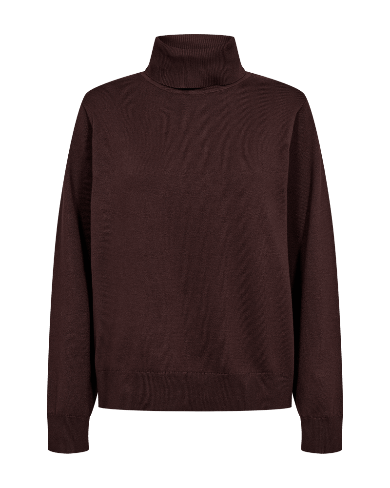 En ensfarvet, langærmet rullekravesweater fra Freequent Katie Mørkebrun vises på en hvid baggrund.