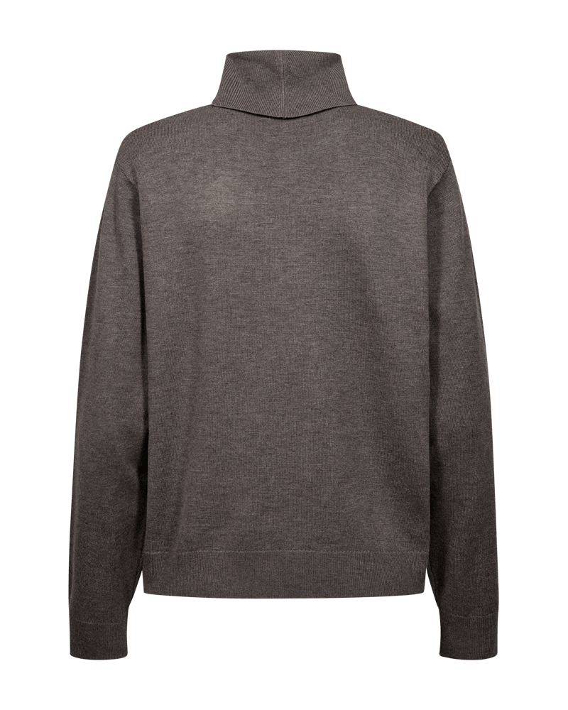Bagfra-billede af Freequents 155820 Katie Brun grå trøje med lange ærmer og ensfarvet design på hvid baggrund.