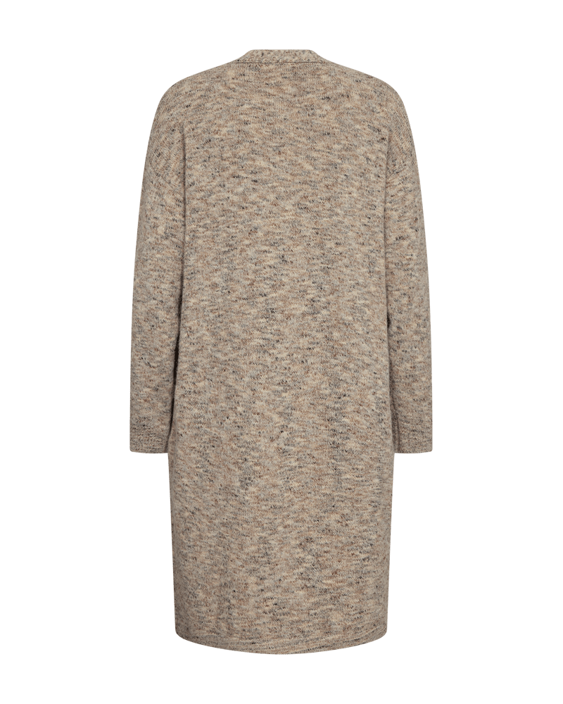 Freequent FQTweed Gråmeleret, langærmet, knælange beige strikket cardigan vist bagfra på hvid baggrund.