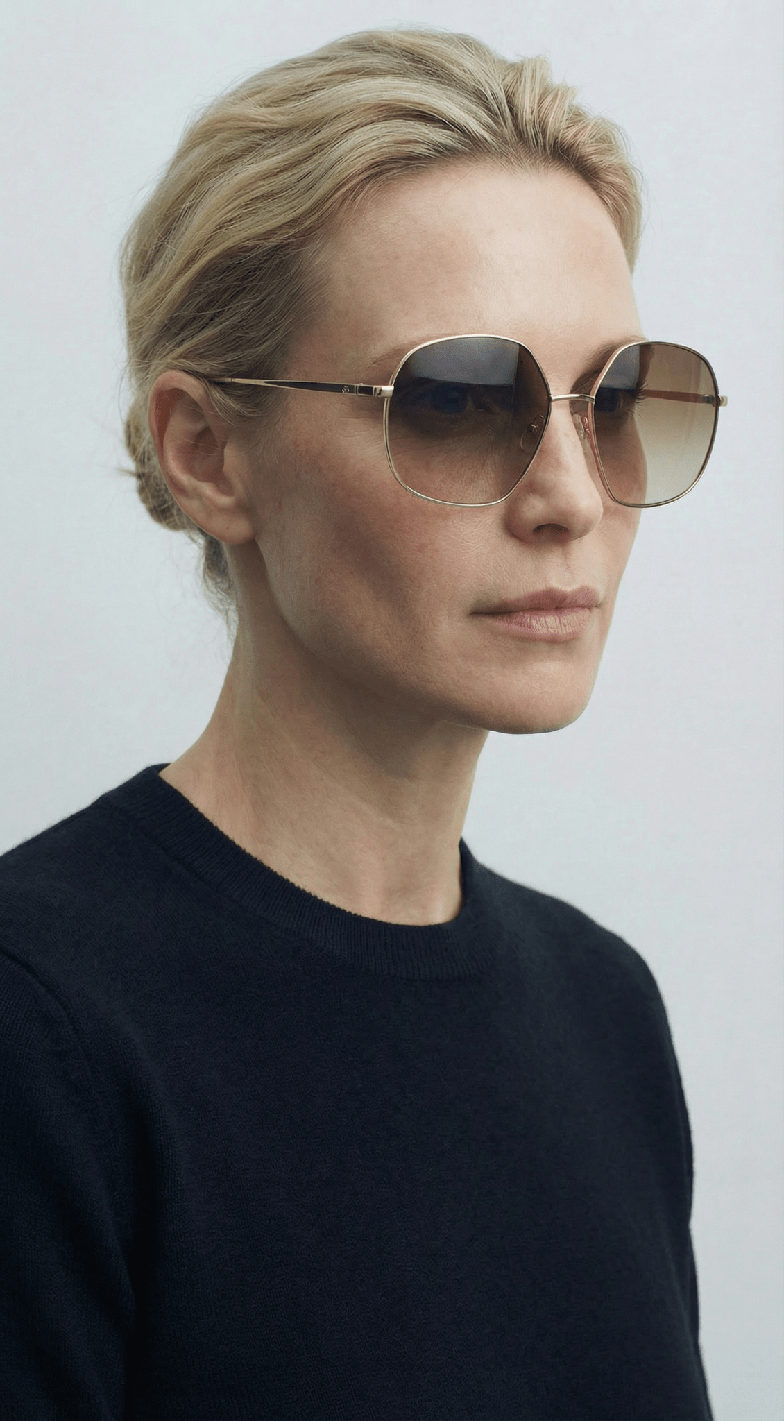 Blond kvinde iført GLAS Cornelia Guld-solbriller og sort sweater, der ser mod højre foran en ensfarvet baggrund.