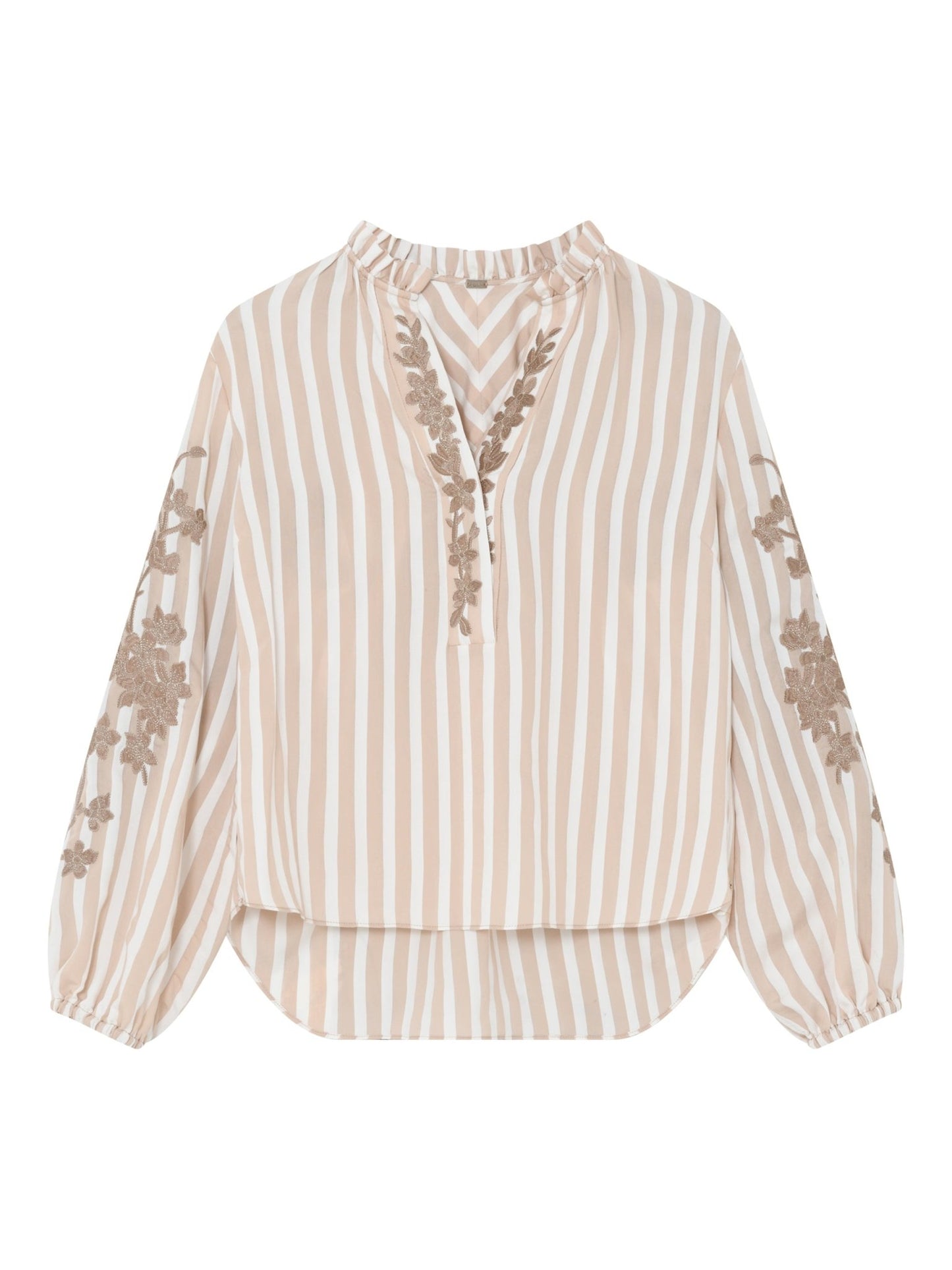 Beige/hvid Gustav Annemie Stribet-bluse med blomsterbroderi, V-udskæring og lange ærmer.