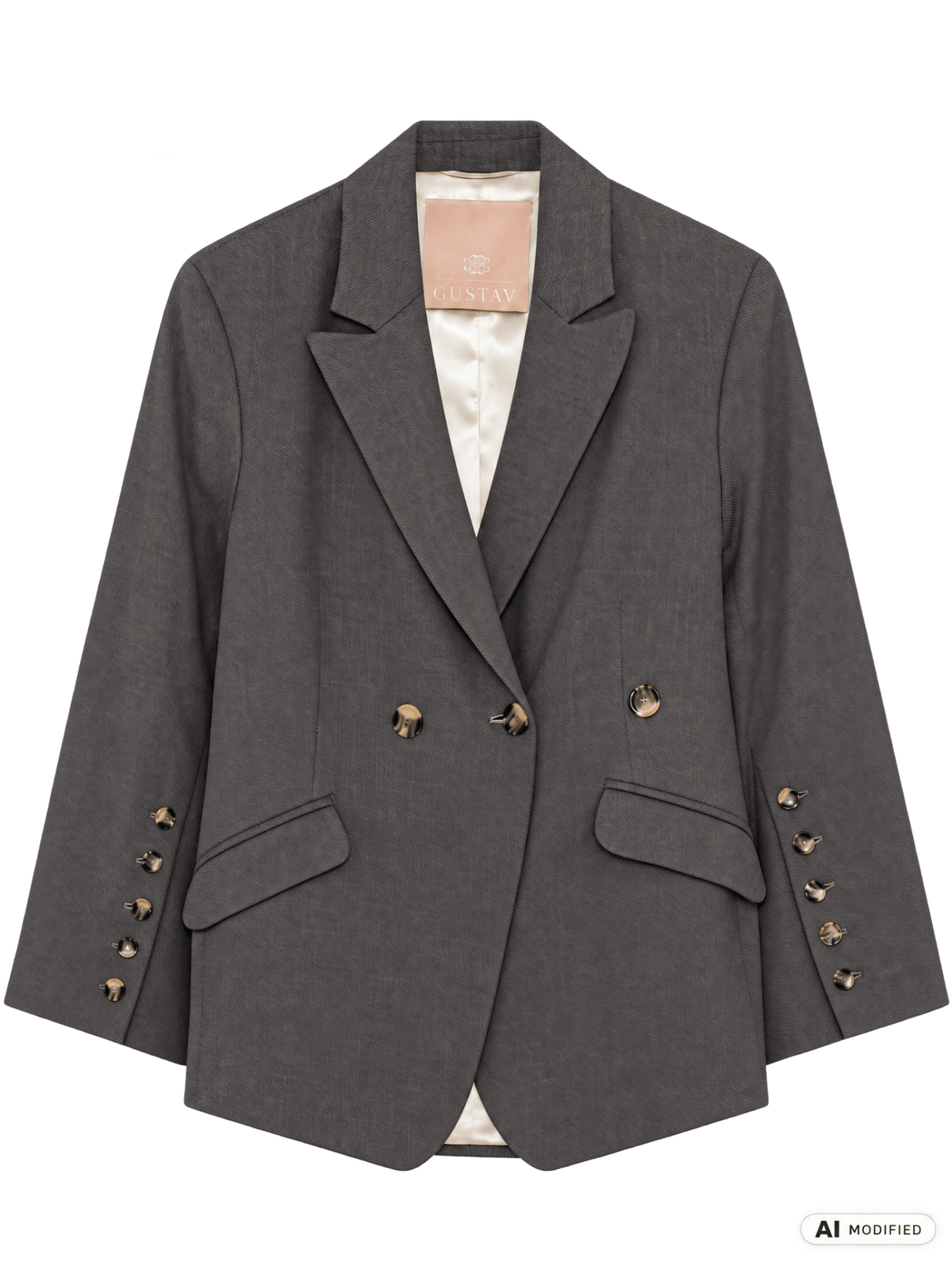 Gustav 156400 | Gustav – Stacie Mørkebrun, mørkebrun blazer med dobbeltknapning, skildpaddeskalsknapper og cremefarvet for.