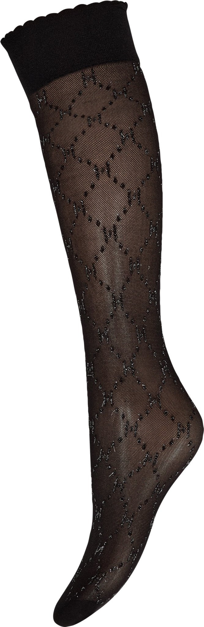 HYPE THE DETAIL 153436: Sorte knæstrømper i sort nylon med diamantmønster og diskrete sølvfarvede lurex-detaljer.
