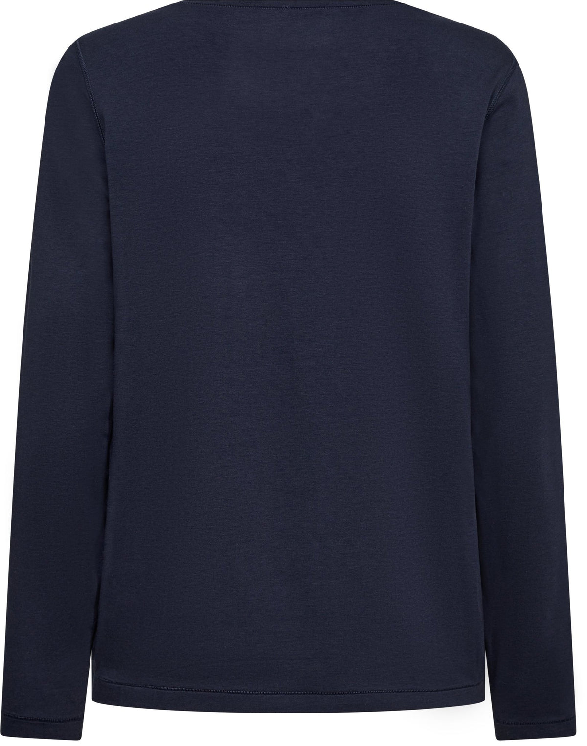 Bagsiden af en ensfarvet, mørkeblå T-shirt i bambusblanding fra JBS i Danmark; rund halsudskæring, ingen synlige motiver eller mønstre.
