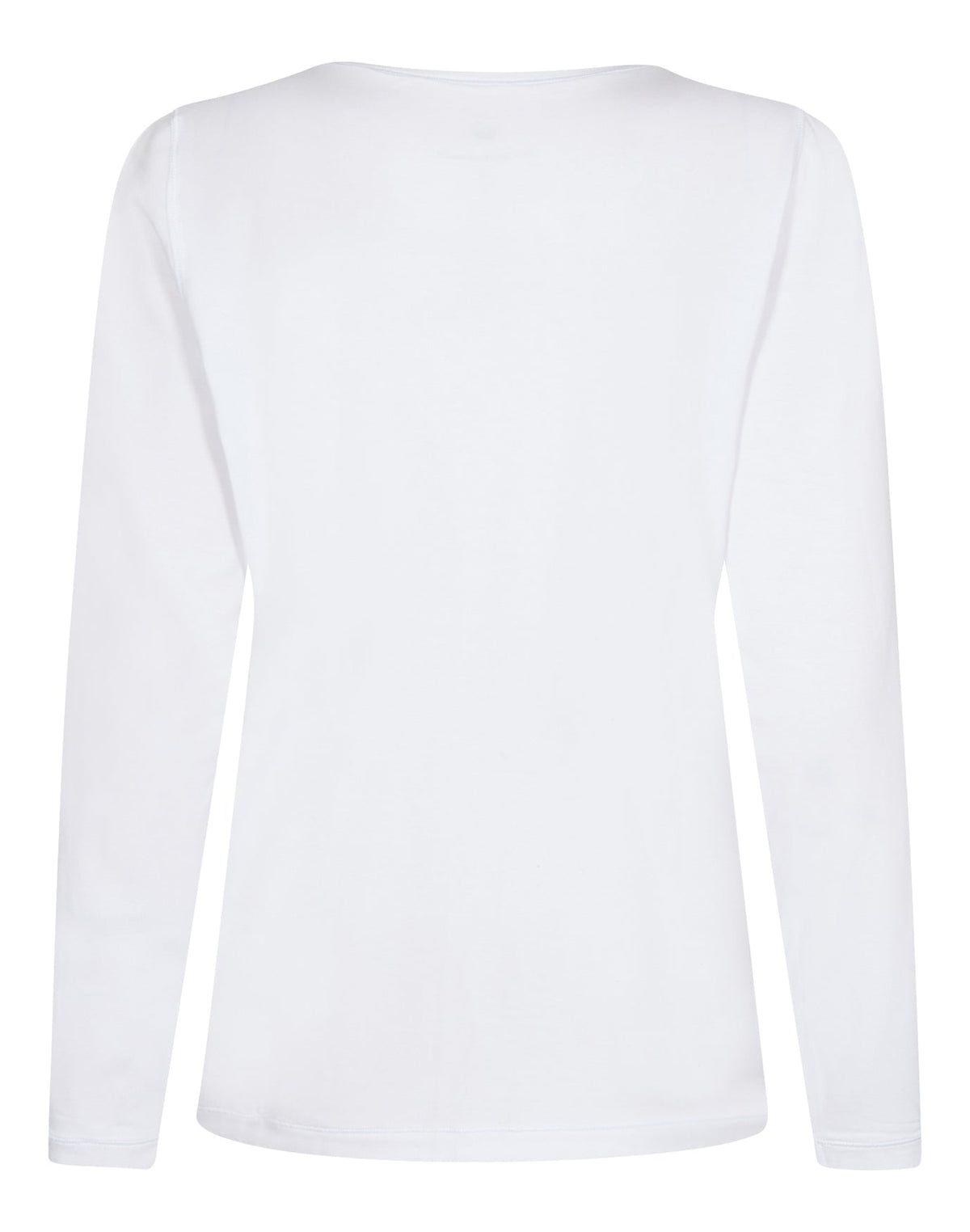 JBS fra Danmark 153491 Tee Hvid, langærmet basis-T-shirt set bagfra, lagt fladt på ensfarvet baggrund.