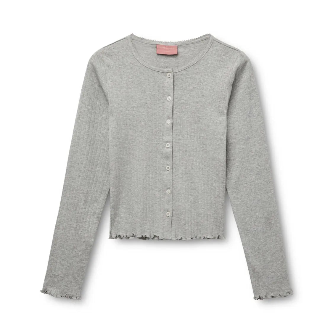Kopenhaken Soft Grå Cardigan 154492 – lysegrå, ribstrikket, med flæset kanter. Den perfekte grå melange til ethvert look.