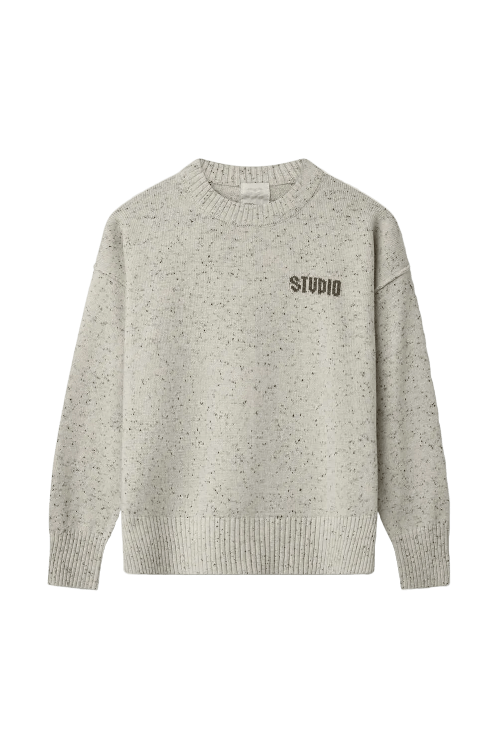 Off-white Kopenhaken Roda-uldtrøje med »STUDIO«-tekst på brystet, meleret strik, vist på hvid baggrund.