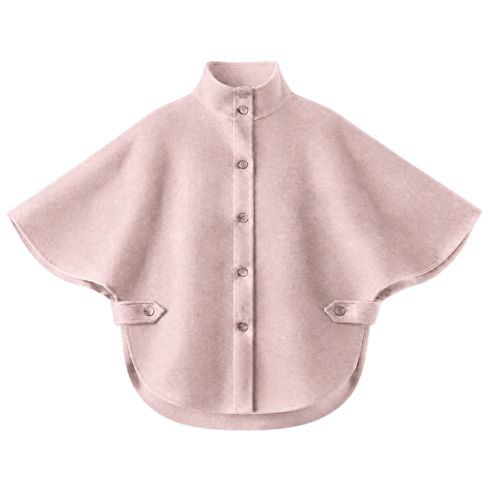 Kopenhaken Isla 2 Rosa lyserød poncho med brede ærmer, høj krave og knapper i siderne på hvid baggrund.