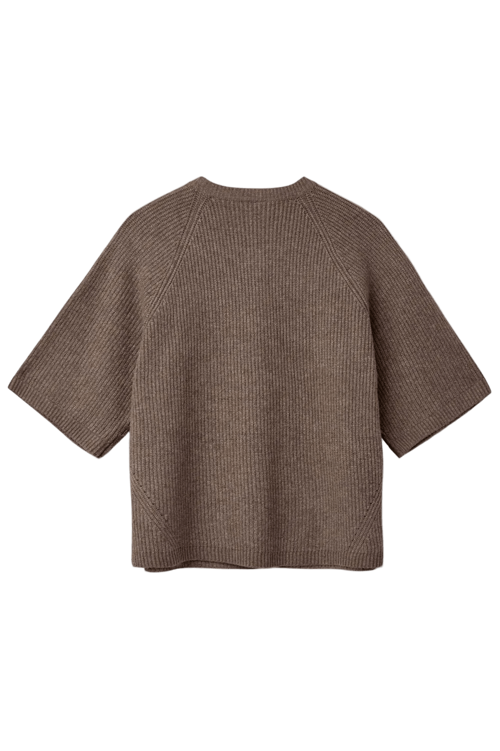 Kopenhaken Yona Brunmeleret: brun, ribstrikket kortærmet strikket cardigan set bagfra med rund halsudskæring og afslappet pasform.