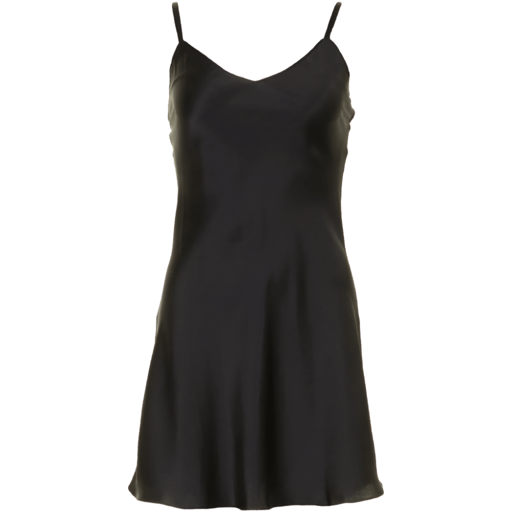 Lady Avenue Pure Silk SORT underkjole: V-udskæring, tynde stropper, udsvunget nederkant. 100  silke.