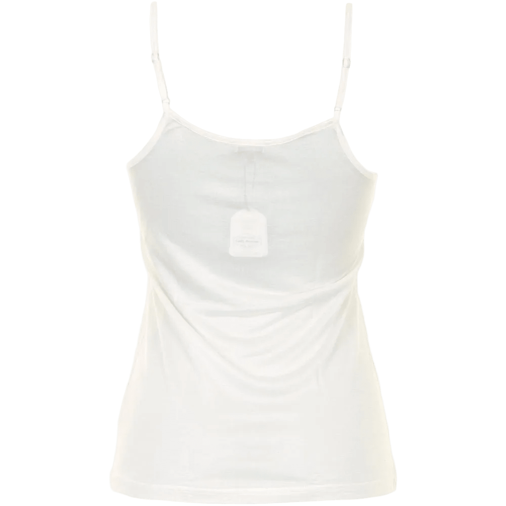 Lady Avenue-top i ren silke i farven OFF WHITE, set bagfra, med tynde, justerbare stropper og et mærke under halsudskæringen.