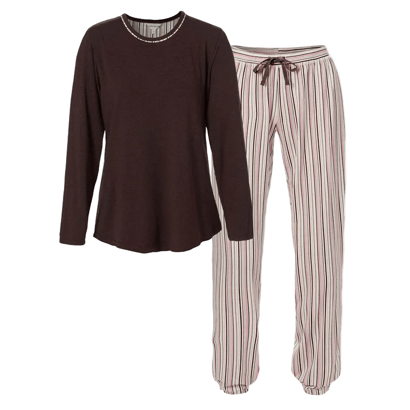 Lady Avenue 156384 Pyjamas Brun mønstret pyjamasbluse med lange ærmer i mørkebrun og matchende bukser med flerfarvede striber.