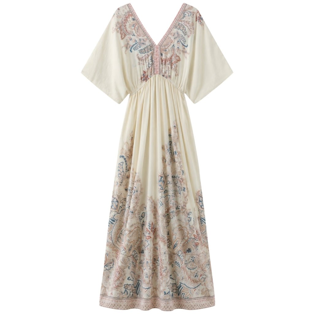 Luxzuz Vibecke Offwhite kjole med kimonoærmer og blomster- og dyremotiver i broderi på overdelen og forneden.