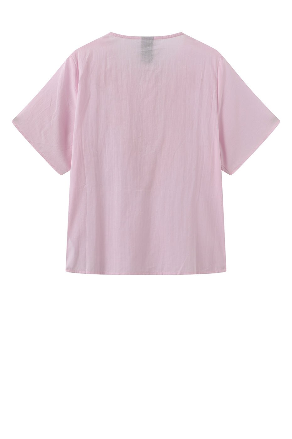 Bagside af en ensfarvet, lyserød Luxzuz Viva Pink T-shirt med korte ærmer på hvid baggrund.