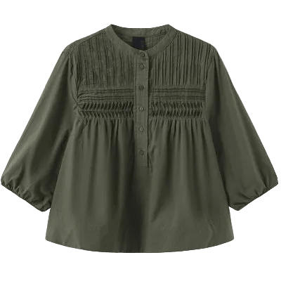 Luxzuz Percha Oliven-bluse: løs pasform, olivengrøn med bieser, smock og 3/4-puffærmer.