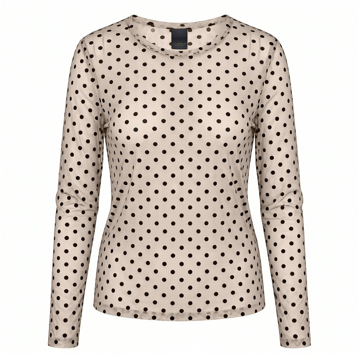 Luxzuz – Dot Mesh: Offwhite langærmet mesh-top med sort prikkemønster og rund halsudskæring.