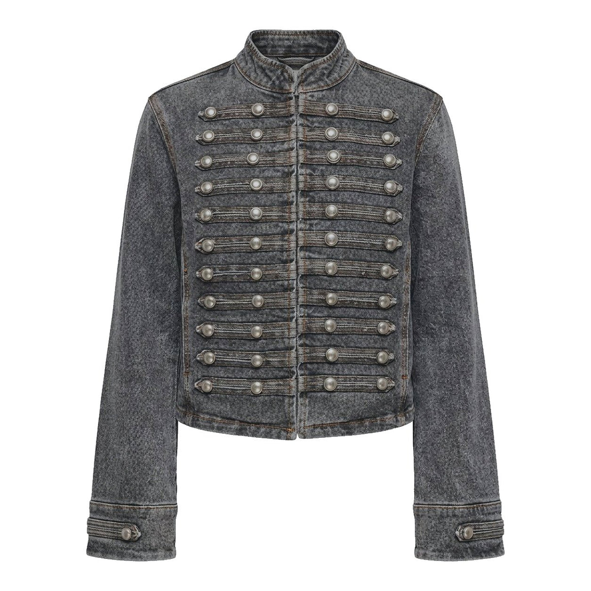 Luxzuz Zantro Mørkegrå mørkegrå denimjakke i militærstil med rækker af sølvknapper og flettet kant.