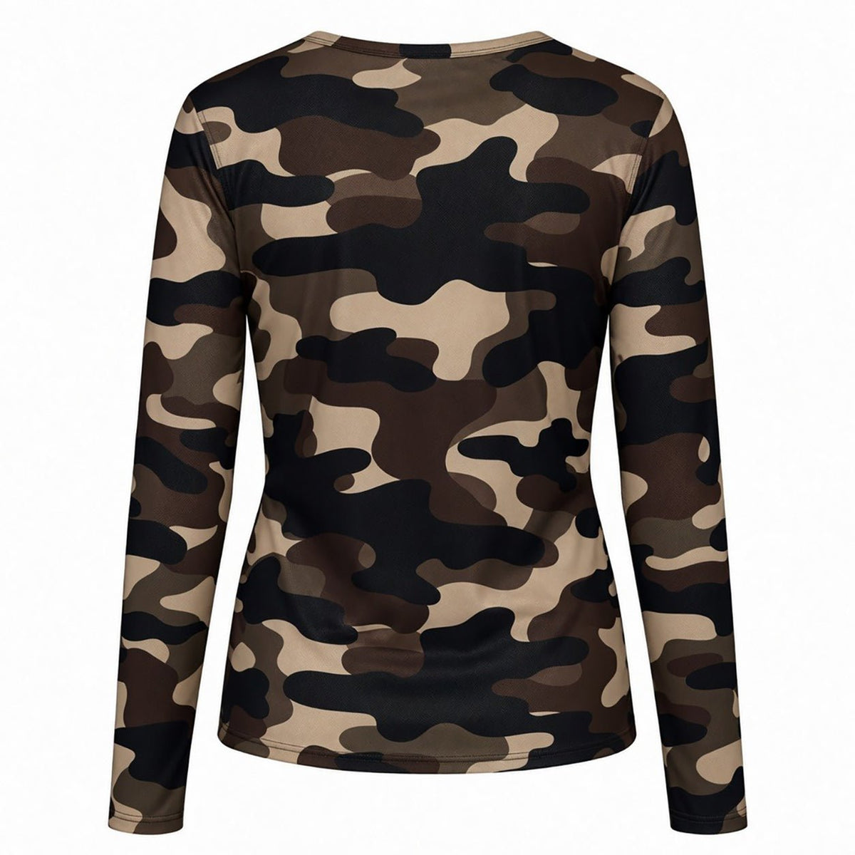 Bagside af en 156355 | Luxzuz – Camo Mesh Mørk langærmet bluse i militærstil i brun, sort og beige.