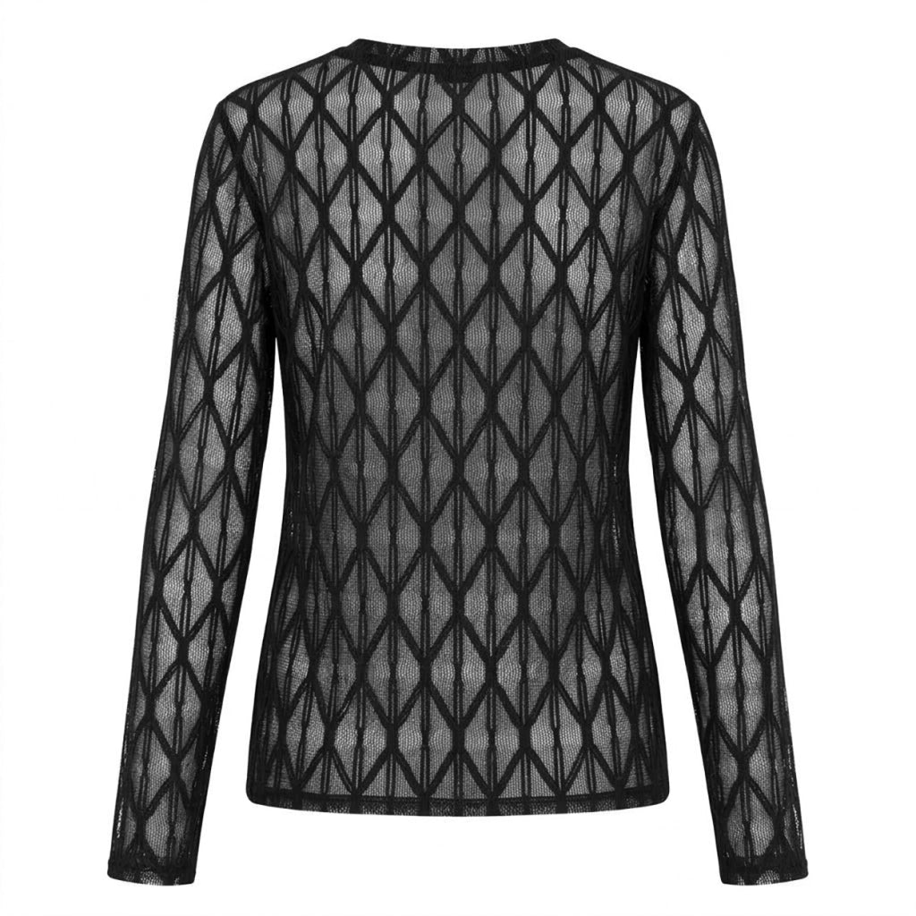 Bagfra set: En Luxzuz – Segberg Sort sort langærmet top i gennemsigtig, diamantmønstret lys strik.