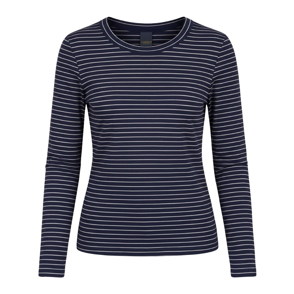 Luxzuz – Segberg Mørkeblå langærmet T-shirt i mørkeblå med tynde, vandrette hvide striber og rund halsudskæring.