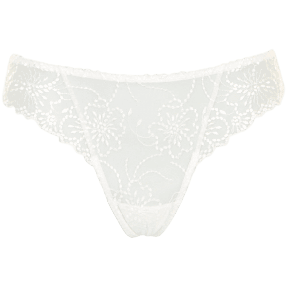 Marie Jo Jane Natural OFF WHITE G-streng med blomsterbroderi, vist på en ensfarvet hvid baggrund.