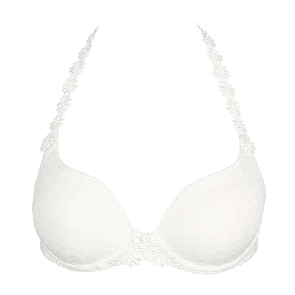 Marie Jo Avero Natural Off-white: Hvid halterneck-bh med blondebånd, let polstring og en dekorativ sløjfe midt foran.