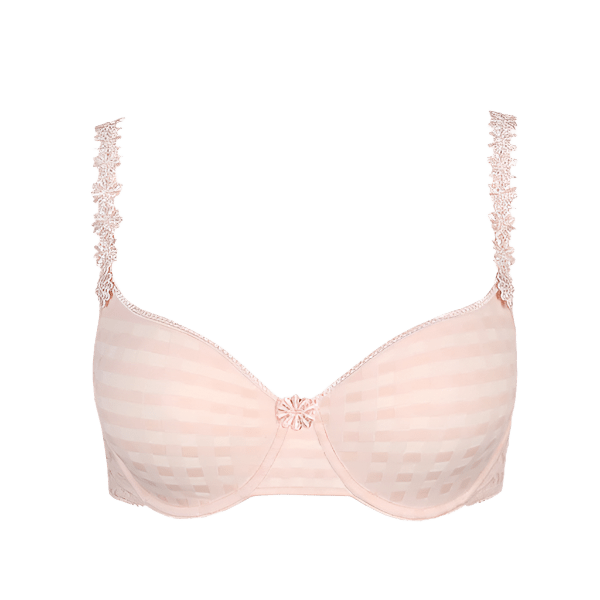 Marie Jo Avero Pearly Pink-bh med ternet mønster og blondestropper, vist på hvid baggrund.