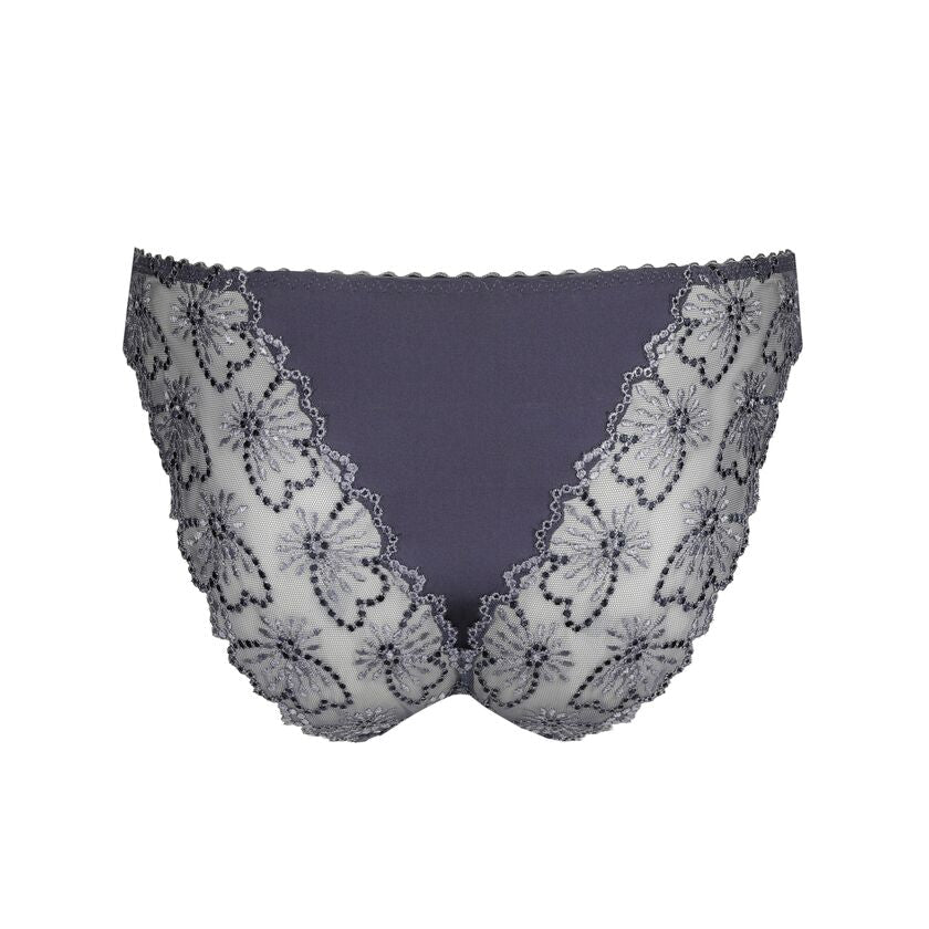 Marie Jo Jane Blue Shadow-trusse med blonder og broderi, set bagfra mod en hvid baggrund.