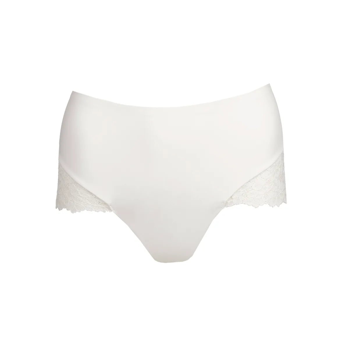 Marie Jo Soft Studio: Offwhite, sømløse maxi-trusser med blomsterblonder på siderne, vist på en ensfarvet baggrund.