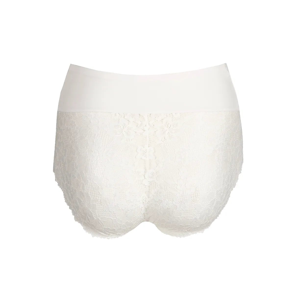 Hvide maxi-trusser med høj talje og blonder fra Marie Jo Soft Studio i off-white, vist bagfra mod en hvid baggrund.