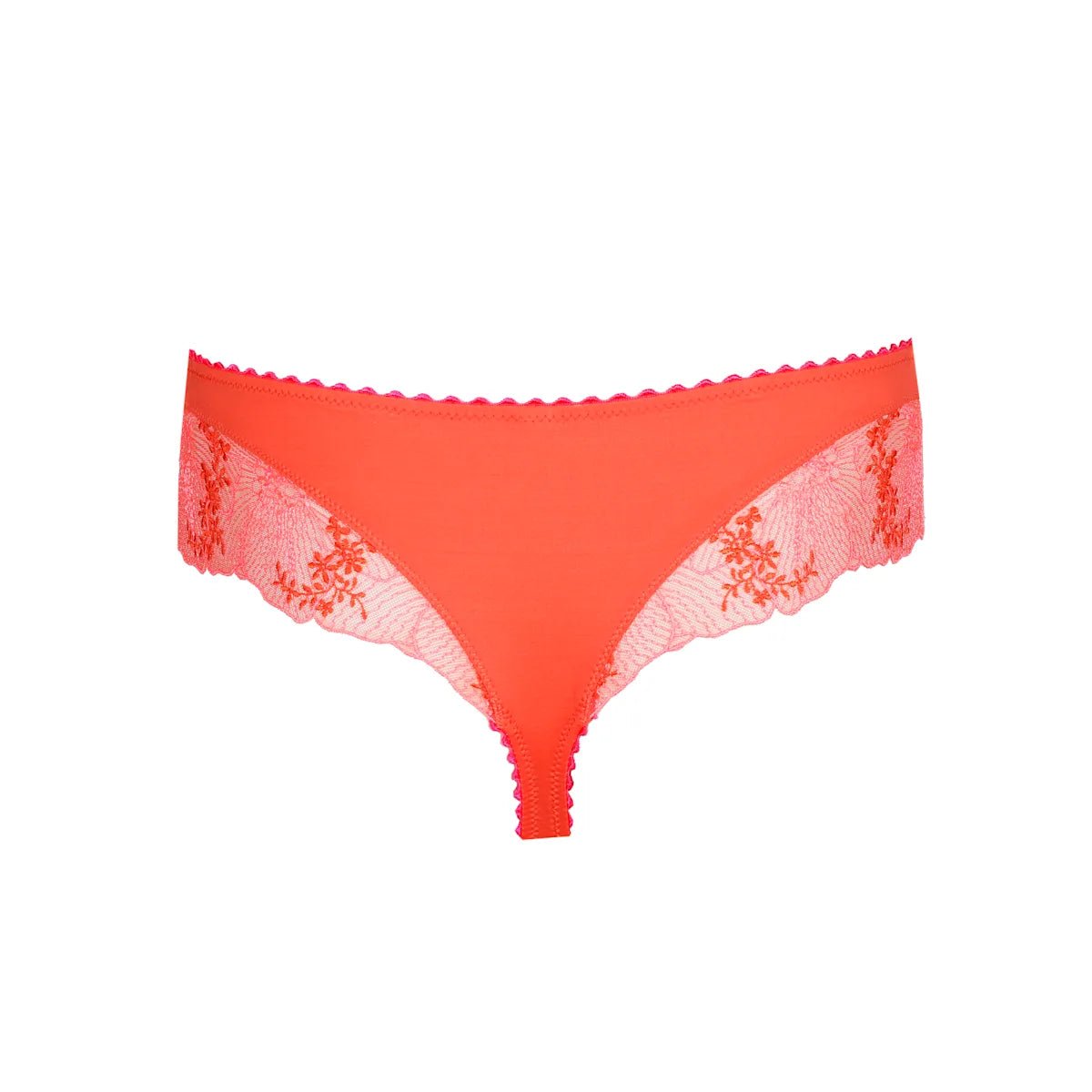 Marie Jo Solene Orange G-streng med broderi og højt benudskæring, vist på en neutral hvid baggrund.